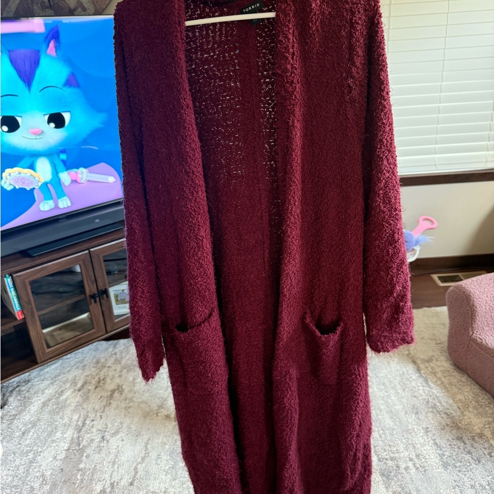 torrid Long Open-Front Cardigan in Deep Wine Burgundy